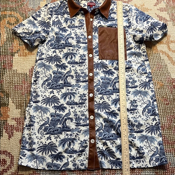 STAUD Women's Switch Vegan Leather-trimmed Toile-print Poplin Mini Shirt Size S - Picture 5 of 10